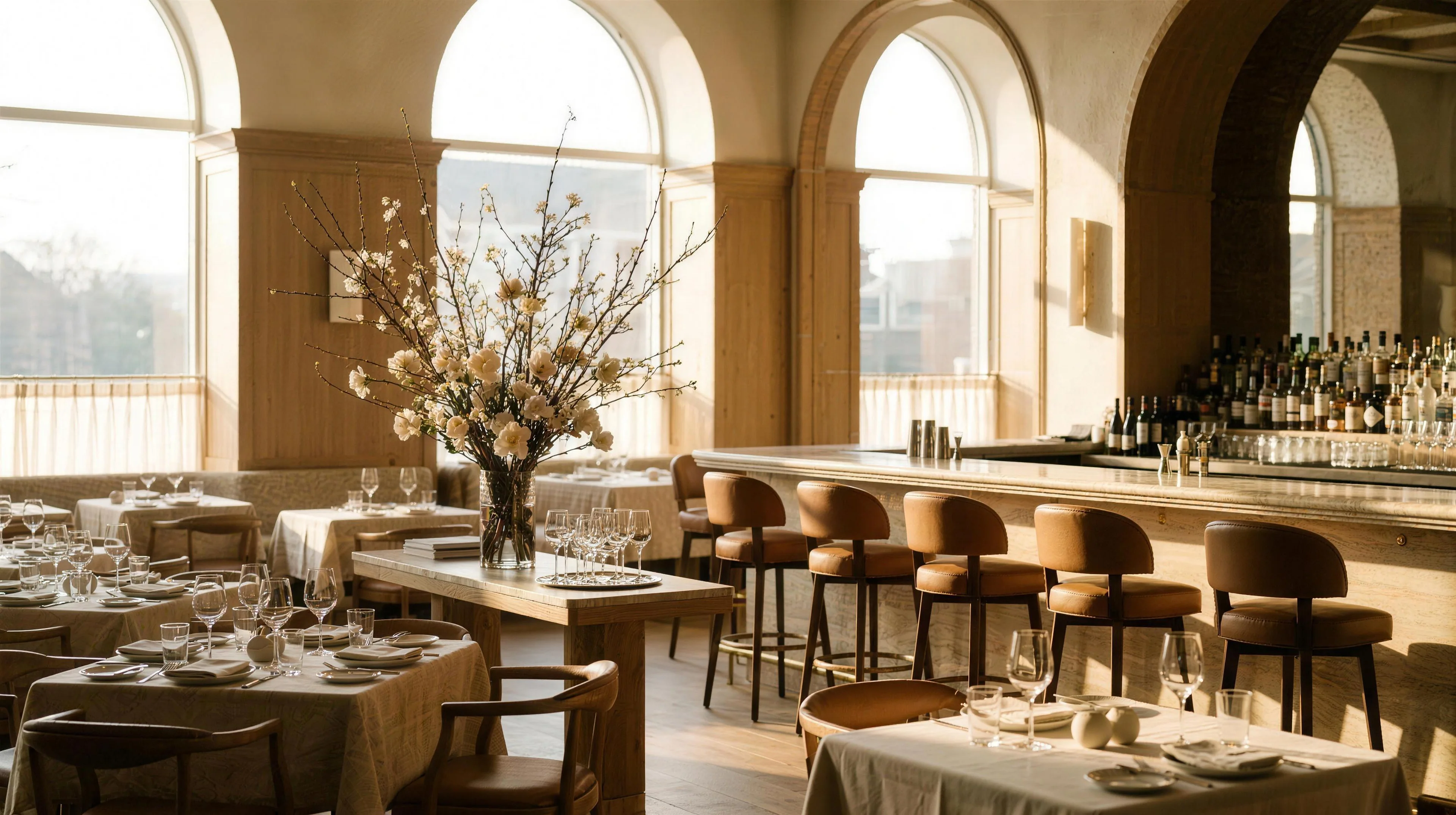An empty restaurant at dawn — tables laid, bar stools in place, nobody in yet.