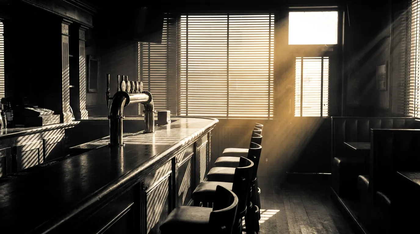 An empty bar at dawn, light through half-closed blinds.