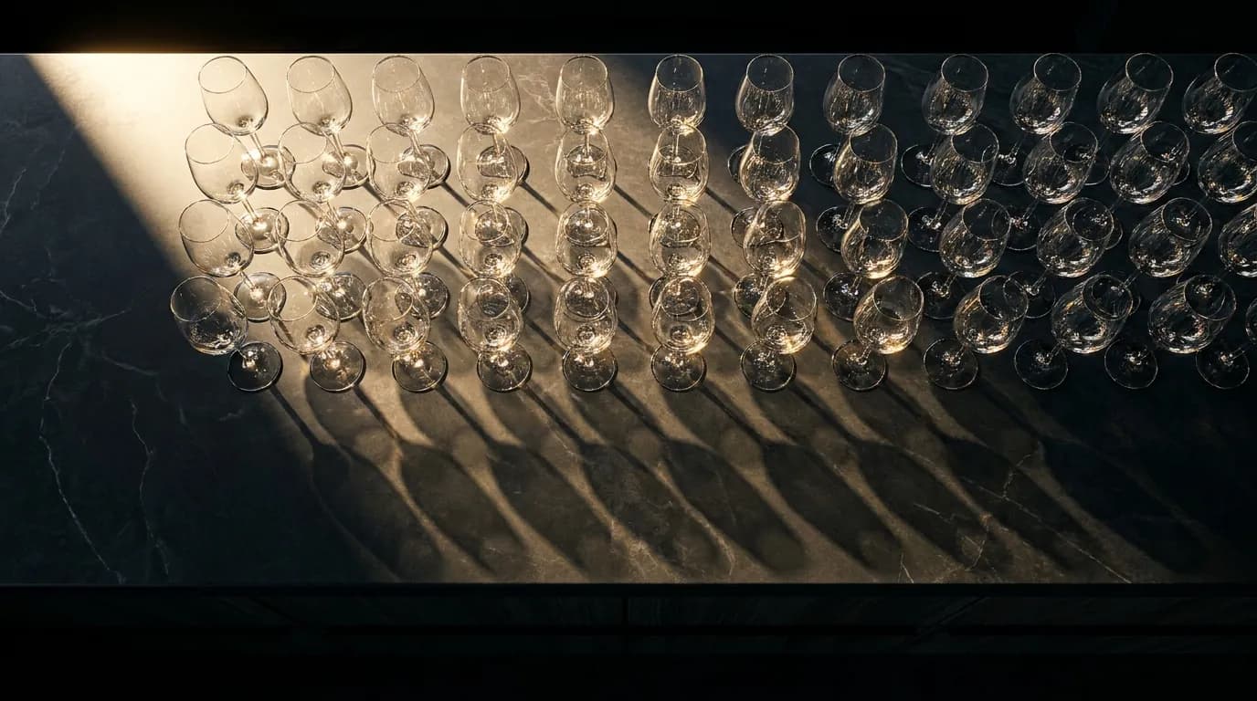 Rows of wine glasses set out before service.