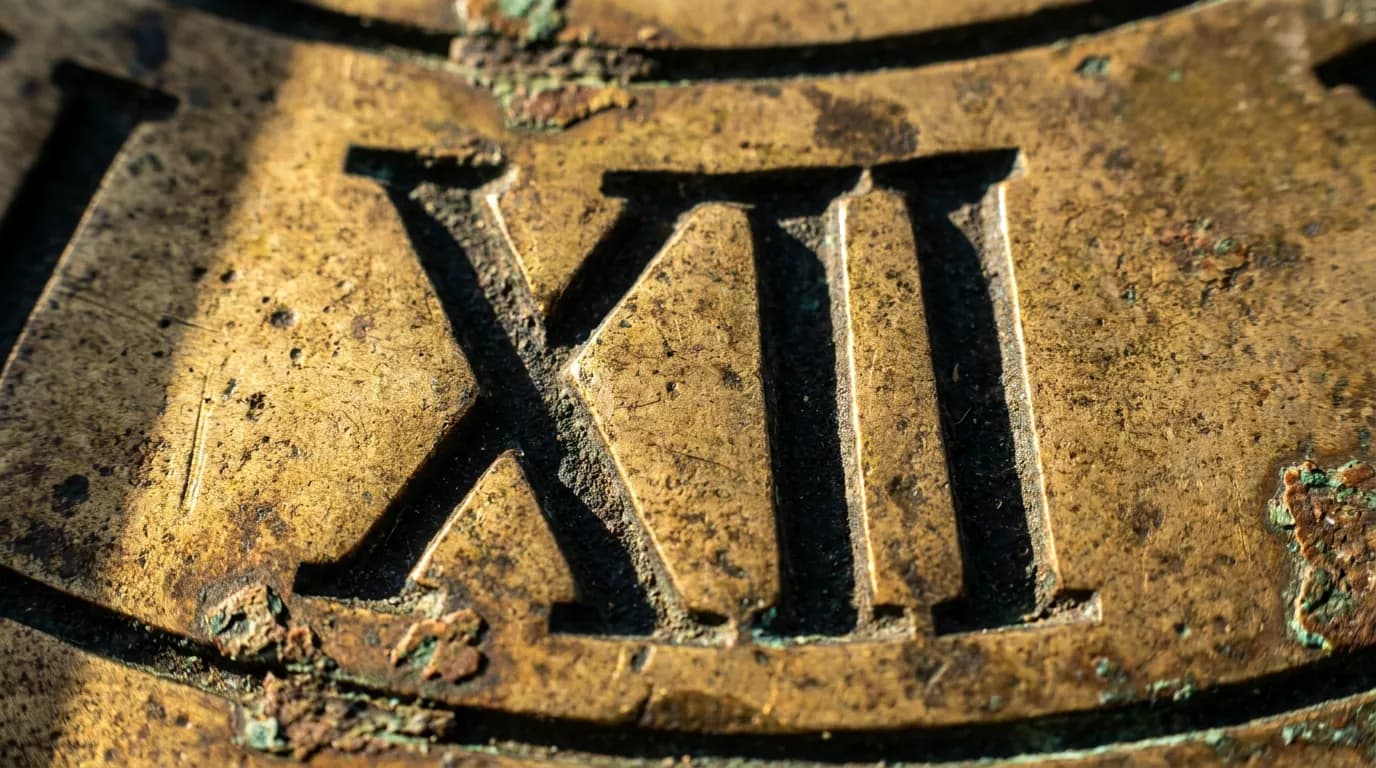 The numeral XII cast into a weathered bronze dial.