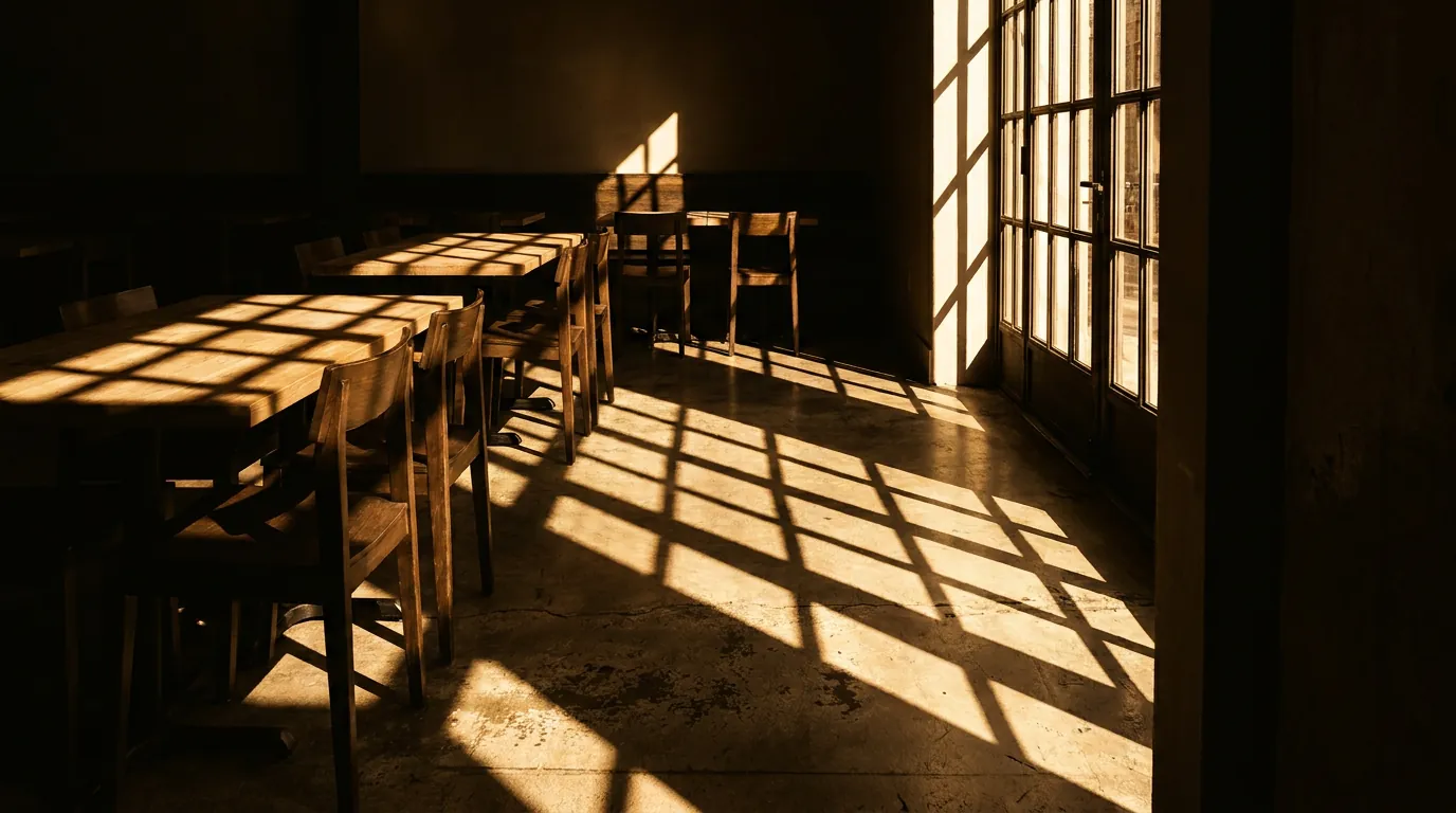 Long empty tables in raking morning light.