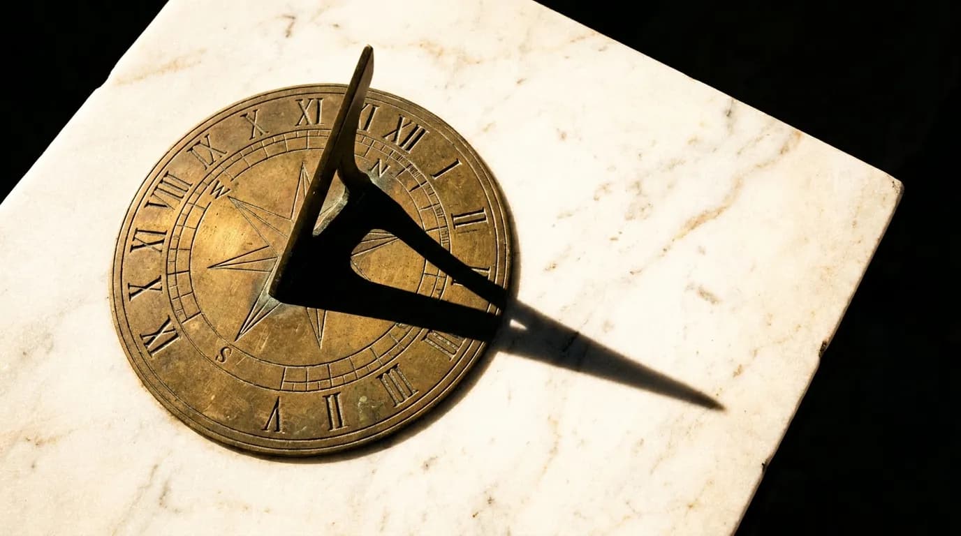 A brass sundial on white marble.